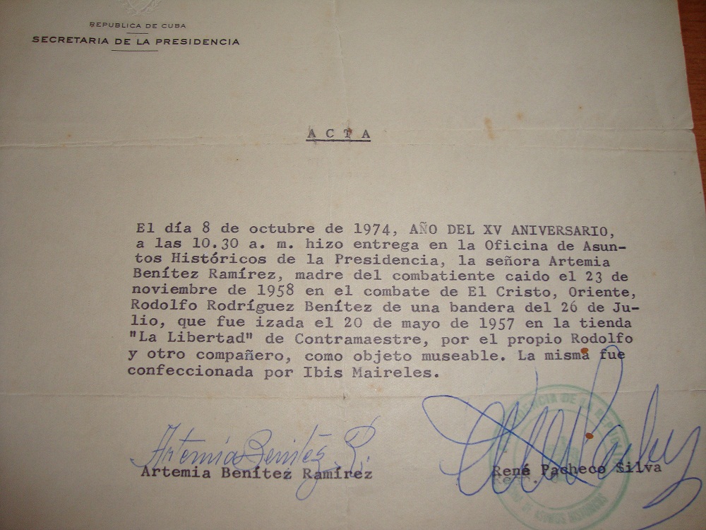 Contramaestre: with raised flag honors its sons who forged the Cuban Revolution 4 CERTIFICATE DELIVERED TO ARTEMIA, RODOLFO'S MOTHER, IN CHARGE OF THE OFFICE OF HISTORICAL AFFAIRS OF THE PRESIDENCY.