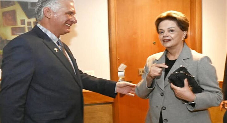 Díaz-Canel Meets with Dilma Rousseff in Brazil Rio de Janeiro, Brazil, July 7 (Prensa Latina) Cuban President Miguel Díaz-Canel met today with Dilma Rousseff, president of the New Development Bank, in the context of the 17th BRICS Summit in this South American nation. Commenting on the meeting on Facebook, the Cuban president explained that he reaffirmed to his interlocutor his nation's commitment to continue promoting South-South and Triangular Cooperation. Our country can be an important platform for the economic development of the Greater Caribbean, he noted in his message. Díaz-Canel thanked Cuba the day before for joining the BRICS as a partner, a group he described as a symbol of hope in the construction of multilateralism. He also denounced the consequences of the coercive measures imposed by the United States on the construction of the Caribbean country's social and development project. The head of state emphasized that in the 21st century, unilateral lists and certifications based on criteria he described as unfounded, such as the designation of Cuba on the list of states that sponsor terrorism, have no place. He noted that present and future generations have the right to live in a world of peace and security, where social justice, respect for cultural, ethnic, and religious diversity, and democratic access to science and technology prevail.