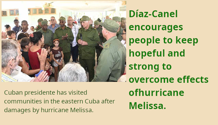 Díaz-Canel touching damages caused by hurricane Melissa-Canel 1 Diaz-Canel visiting communities affected by Melissa in the eastern Cuba.